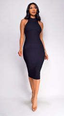 Mona Mock Neck Sleeveless Ribbed Midi Dress - Black