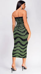 Zemira Green Black Metallic Print Midi Dress