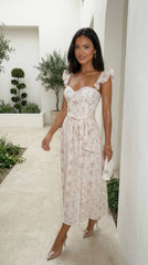 Florienne Floral Corset Flutter Midi Dress - Ivory