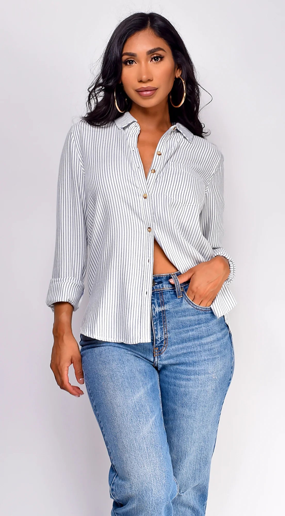 Nawal Pinstripe Button Down Shirt - Blue