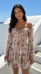 Sorrento Garden Floral Off Shoulder Ruffle Mini Dress - Beige Multi