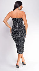 Raine Silver Black Velvet Sequin Midi Dress