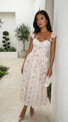 Florienne Floral Corset Flutter Midi Dress - Ivory