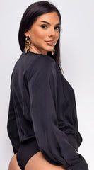 Zana Surplice Pleated V Neck Satin Bodysuit - Black
