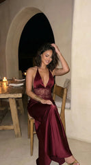 Ravena Lace Satin Detail Halter Maxi Dress - Red