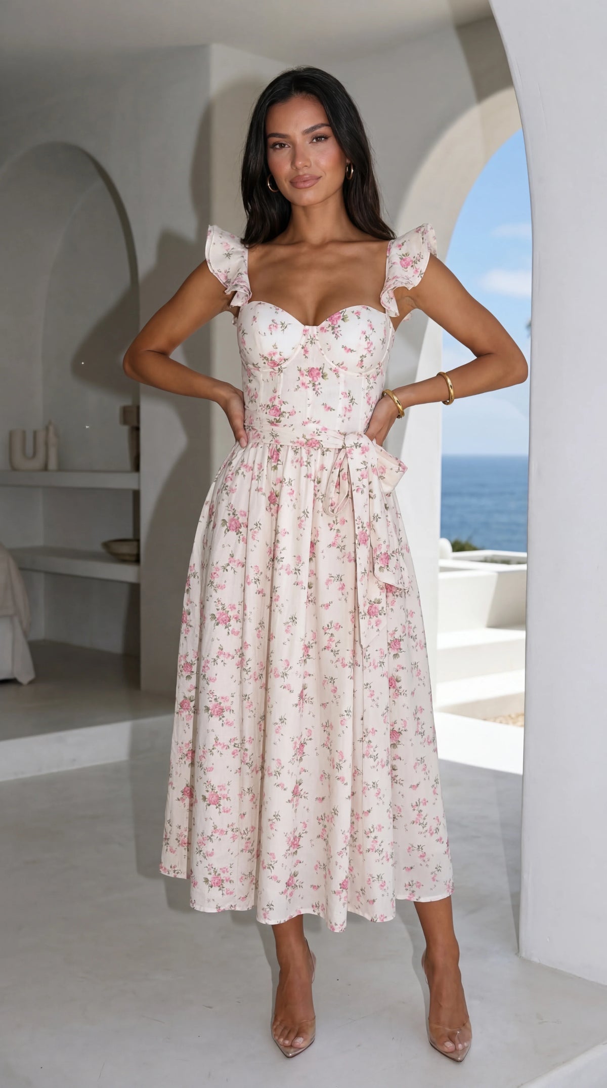 Florienne Floral Corset Flutter Midi Dress - Ivory