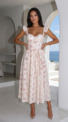 Florienne Floral Corset Flutter Midi Dress - Ivory