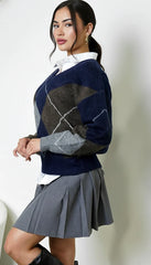 Noxley Argyle V Neck Long Sleeve Sweater - Navy