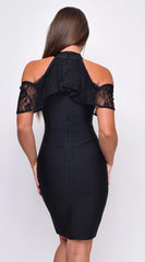 Evenia Black Mock Neck Lace Ruffle Open Shoulder Bandage Midi Dress