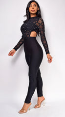 Bonnie Black Mesh Studded Bandage Jumpsuit