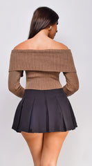 Moxie Off Shoulder Zip Up Sweater Top - Brown