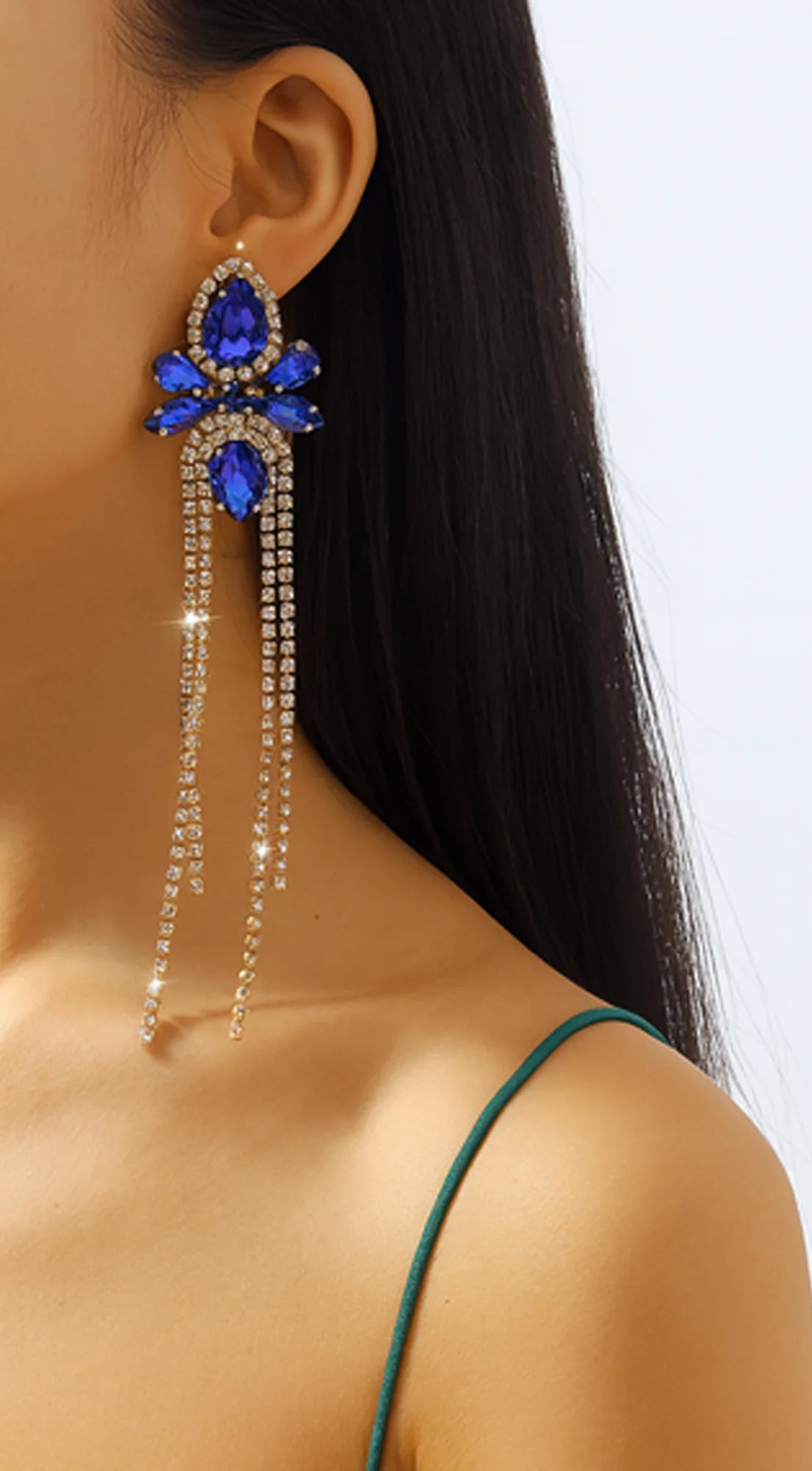 Lux Long Crystal Drop Earrings - Blue