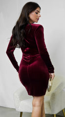 Aless V Neck Front Twist Velvet Mini Dress - Burgundy