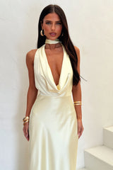 Zealand Plunge Halter Satin Maxi Dress - Yellow