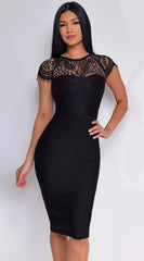 Makenna Lace Cap Sleeve Bandage Dress - Black