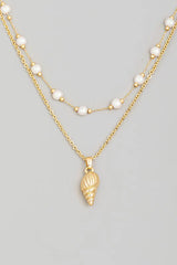 Conch Charm Pearl Beads Layered Necklace - Gold