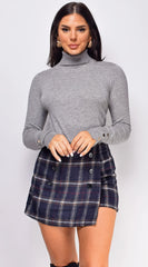 Orlean Navy Blue Plaid Button Wrap Skort