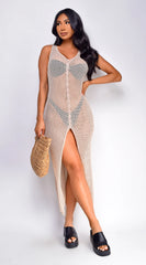 Lianna Crochet Button Down Cover Up Dress - Beige