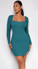Arsenie Long Sleeve Sweater Ribbed Side Slit Mini Dress - Green