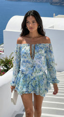 Cyrene Floral Off-Shoulder Mini Dress - Blue Green Multi