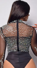 Messana Black Rhinestone Bodysuit