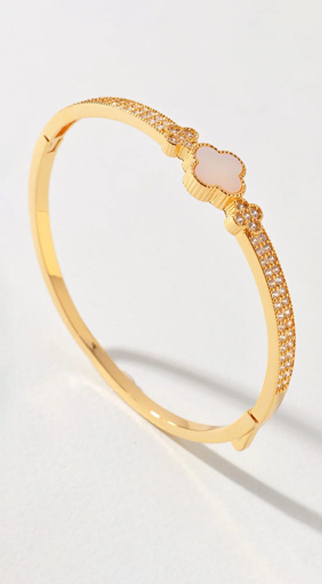 Imy Gold Plated Pearl Cubic Zirconia Clover Bangle Bracelet - Gold