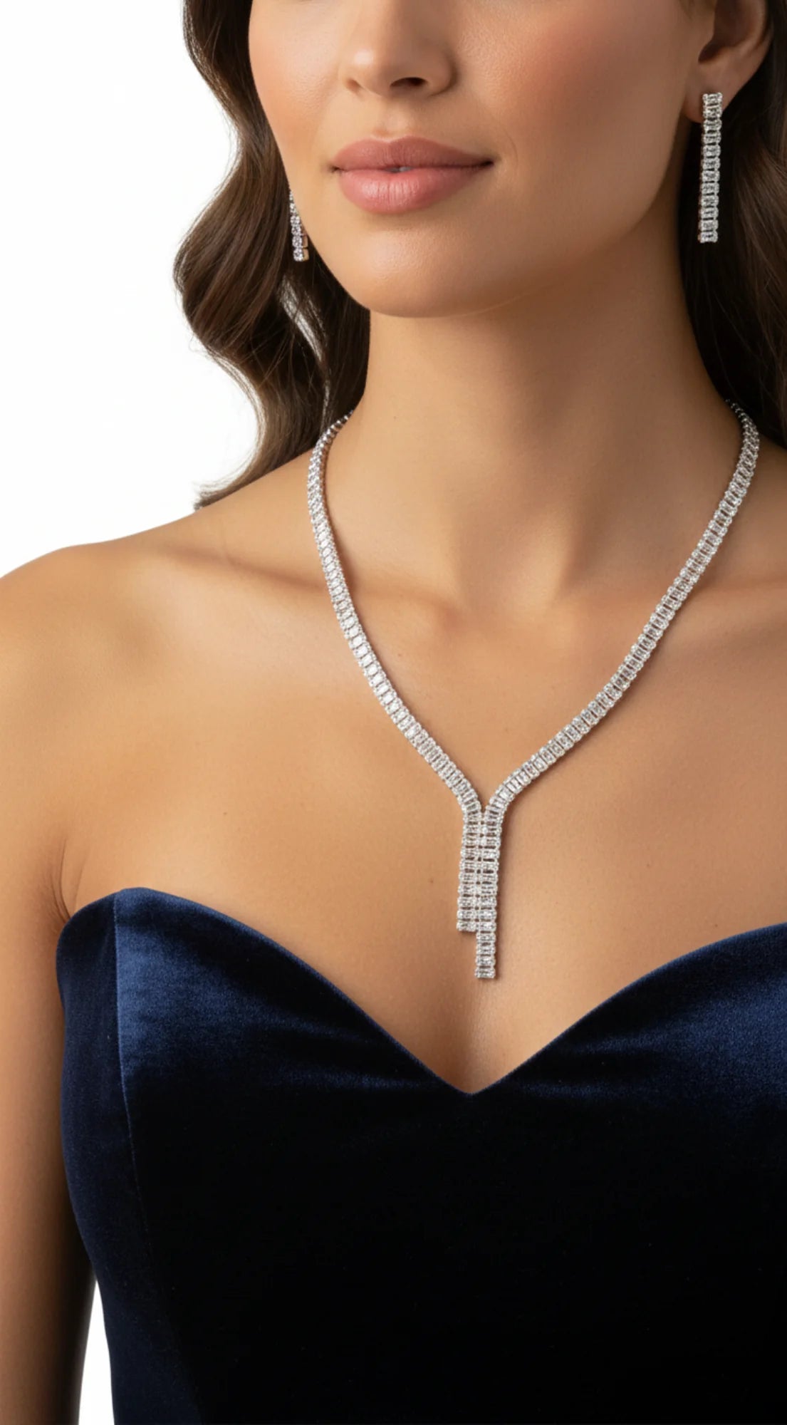 Azara Rhinestone Earring And Necklace Set - Silver