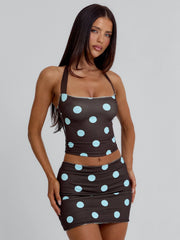 LULA REVERSIBLE TOP BLUE AND CHOCOLATE POLKA DOT