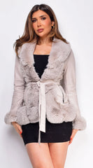 Ekaterina Cream Beige PU Leather Belted Coat