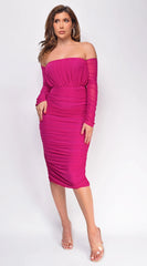 Annora Mesh Long Sleeve Ruched Midi Dress - Pink