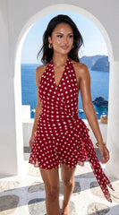 Amour Polka Dot Wrap Mini Dress - Red