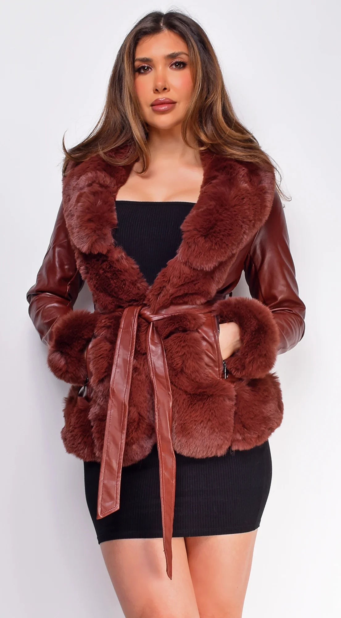 Ekaterina Brown PU Leather Belted Coat