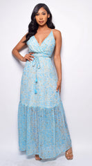 Merida Blue Floral Print Maxi Dress