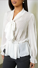 Elle Swiss Dot Front Tie Blouse Top - White