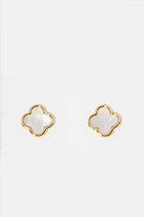 Gold Dipped Clover Stud Earrings - White