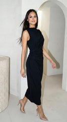 Stockholm Draped Black Midi Dress - Black