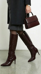 Isolde Croc-Embossed High Heel Boots - Burgundy