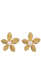 Tina Pearl Metal Floral Stud Earrings - Gold