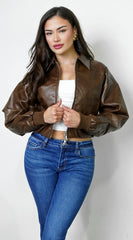 Nolair Bomber PU Leather Jacket - Brown