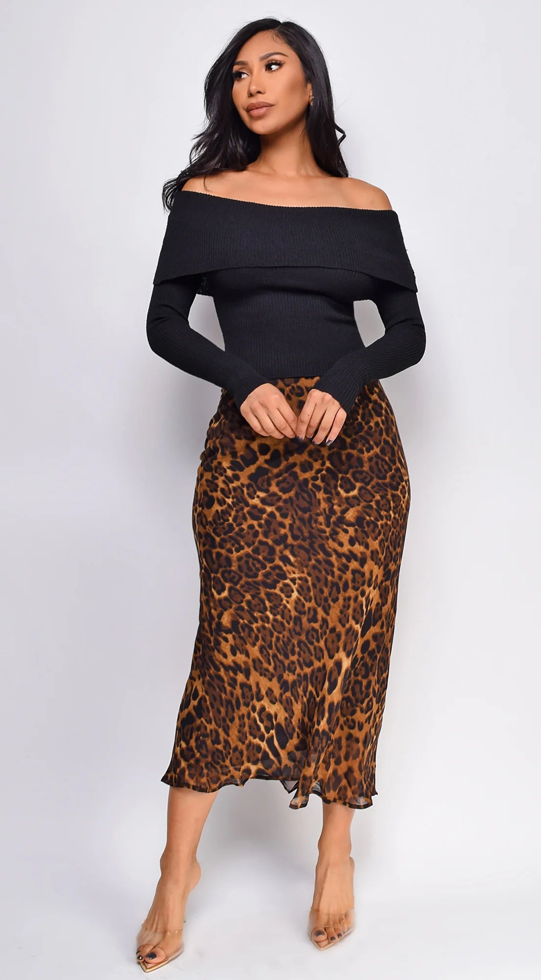 Zofia Leopard Print Midi Skirt - Brown