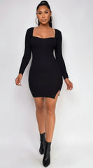 Arsenie Long sleeve Sweater Ribbed Side Slit Mini Dress - Black
