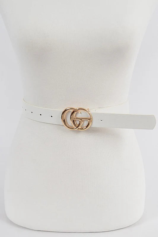 White CG Metal Buckle Faux Leather Belt