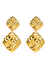 Gold Plated Striped Square Drop Earrings -  Gold