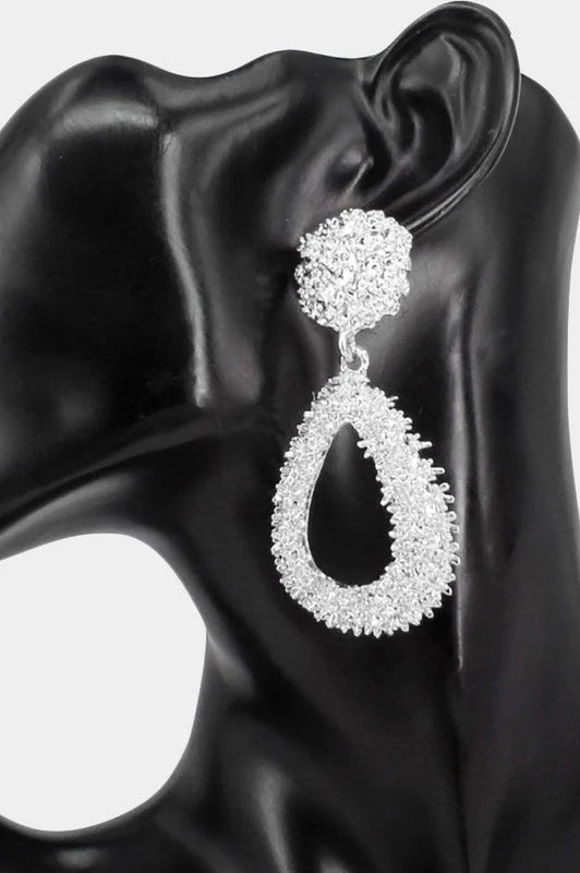 Silver Textured Open Teardrop Dangle Earrings