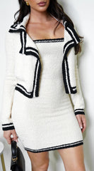 Meadow Boucle Contrast Edge Cardigan Mini Dress Set - Cream