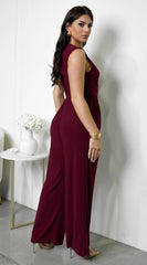 Shera Mock Neck Sleeveless Wide Leg Jumpsuit - Burgundy