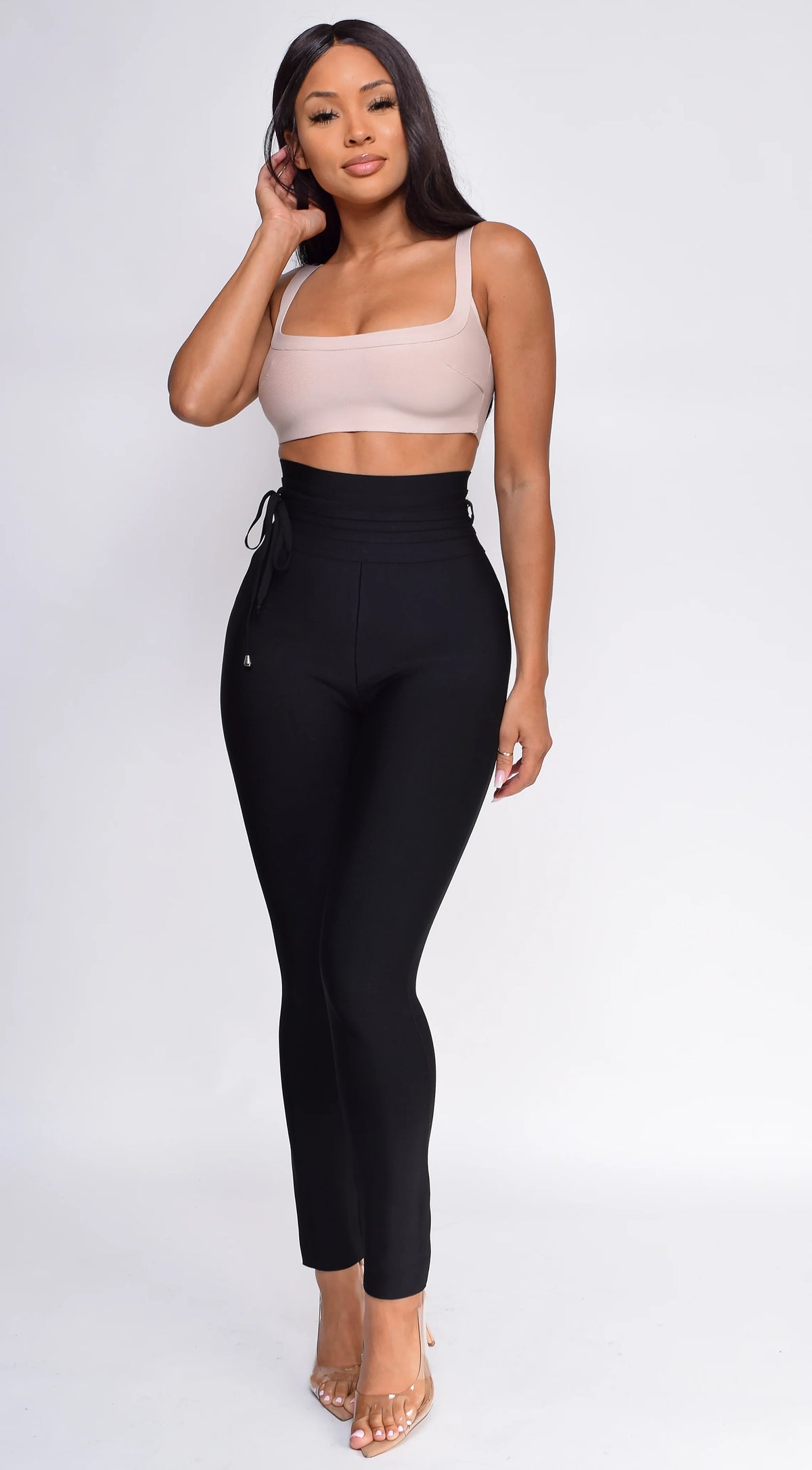 Hara Black High Waist Belted Bandage Pants