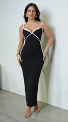 Saskia V Neckline Pipe Detail Maxi Dress - Black