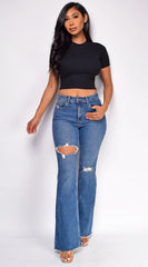 Kindra Blue Dark Wash Distressed Flared Denim Jeans