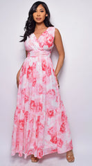 Zen White Pink Floral Print Maxi Dress